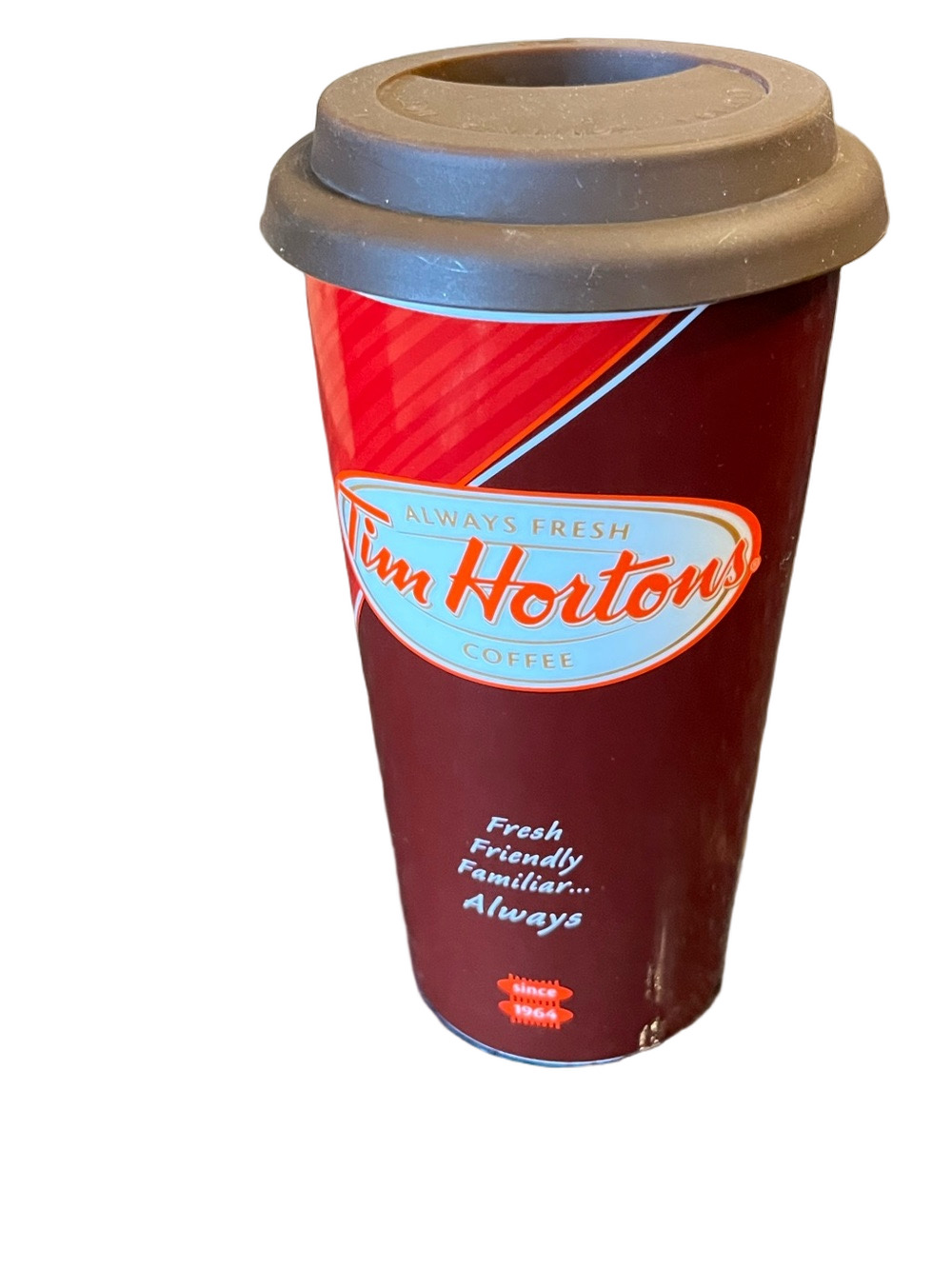 Vintage 2011 Tim Hortons Ceramic Travel Mug Tumbler Brown Silicone Lid Very Good